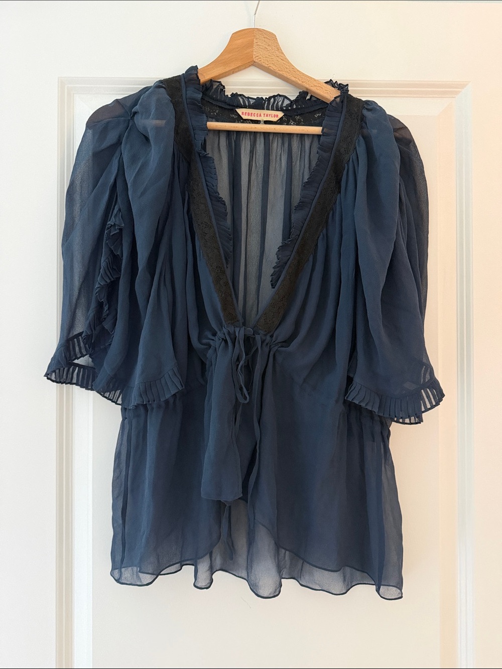 Rebecca Taylor Navy Blue Sheer Tie-Front Blouse